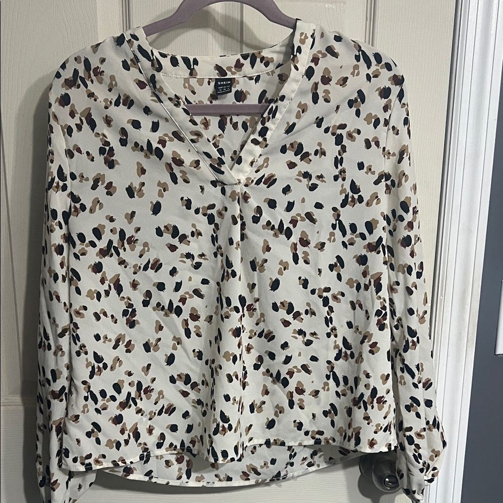 SHEIN Cream Blouse with Black and Brown Pattern